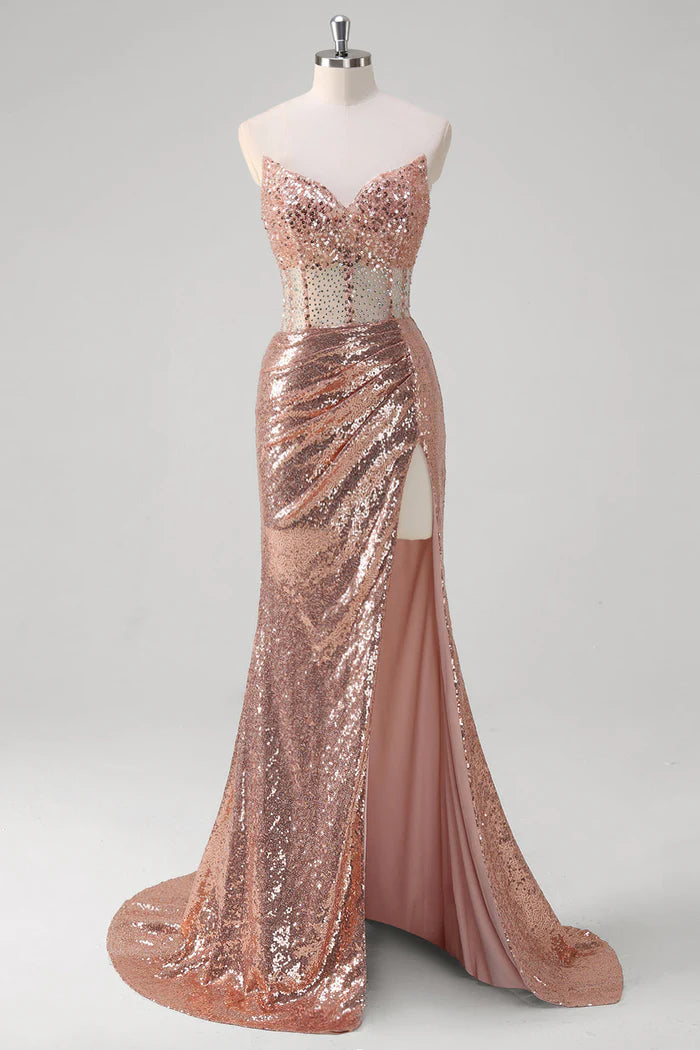 Weitese Dress Sparkly Rose Golden Mermaid Sweetheart Sequined Maxi Dress Prom Dress Sleeveless Slit Evening Dress